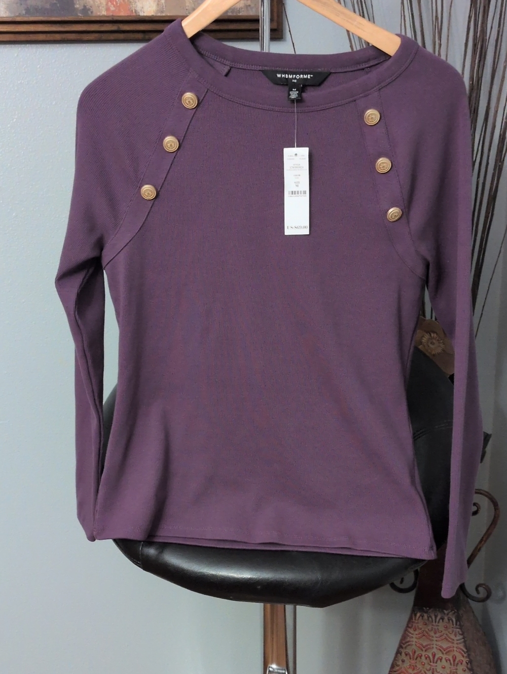 White House Black Market Plum Long Sleeve Button-Shoulder Top